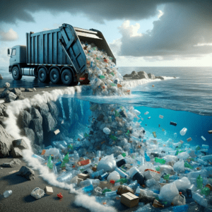 A realistic depiction of a garbage truck dumping a large amount of plastic waste into the ocean. The scene is dramatic, with a clear view of the truck