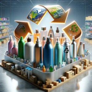 A realistic image depicting the concept of transforming cosmetic products like aerosol hairsprays, lotions, shampoos, and perfumes from hazardous waste
